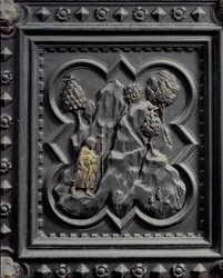 Keresztelő Szent János fiúként a sivatagban, a San Giovanni Keresztelőkápolna déli ajtóinak hatodik táblája, 1336 (bronz)